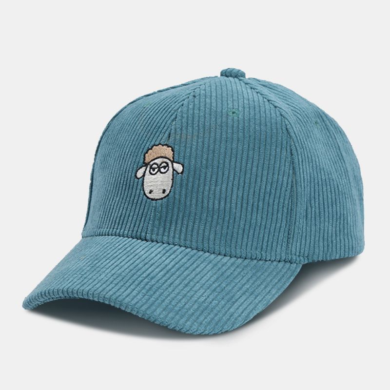 Unisex Cartoon Schapen Borduurwerk Baseball Cap Casual Brede Rand Streep Zonnescherm Zonnebrandcrème Corduroy Hoed