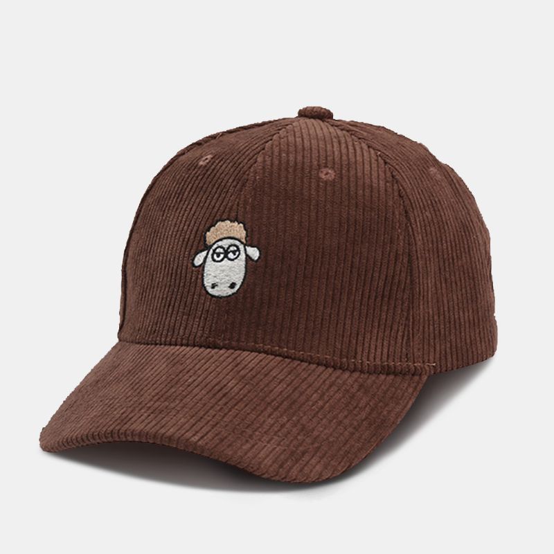 Unisex Cartoon Schapen Borduurwerk Baseball Cap Casual Brede Rand Streep Zonnescherm Zonnebrandcrème Corduroy Hoed