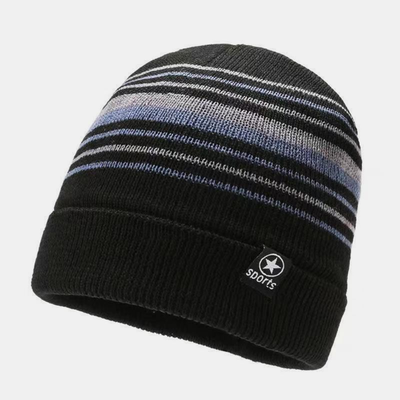 Unisex Gekleurde Gestreepte Plus Fluwelen Dikker Warme Gebreide Muts Herfst Winter Gehoorbescherming Winddichte Beanie Muts