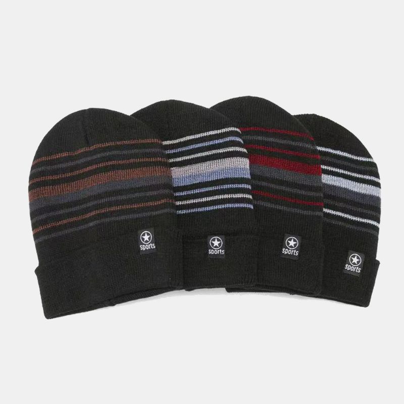 Unisex Gekleurde Gestreepte Plus Fluwelen Dikker Warme Gebreide Muts Herfst Winter Gehoorbescherming Winddichte Beanie Muts