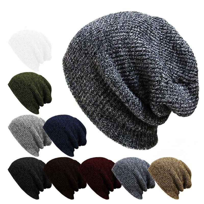 Unisex Heren Dames Streep Gebreide Slouch Beanie Hoed Pure Kleur Elastische Winter Warme Cap