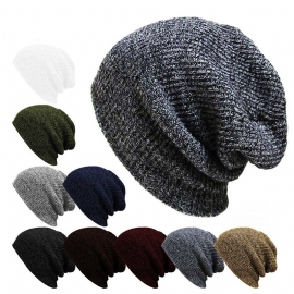 Unisex Heren Dames Streep Gebreide Slouch Beanie Hoed Pure Kleur Elastische Winter Warme Cap