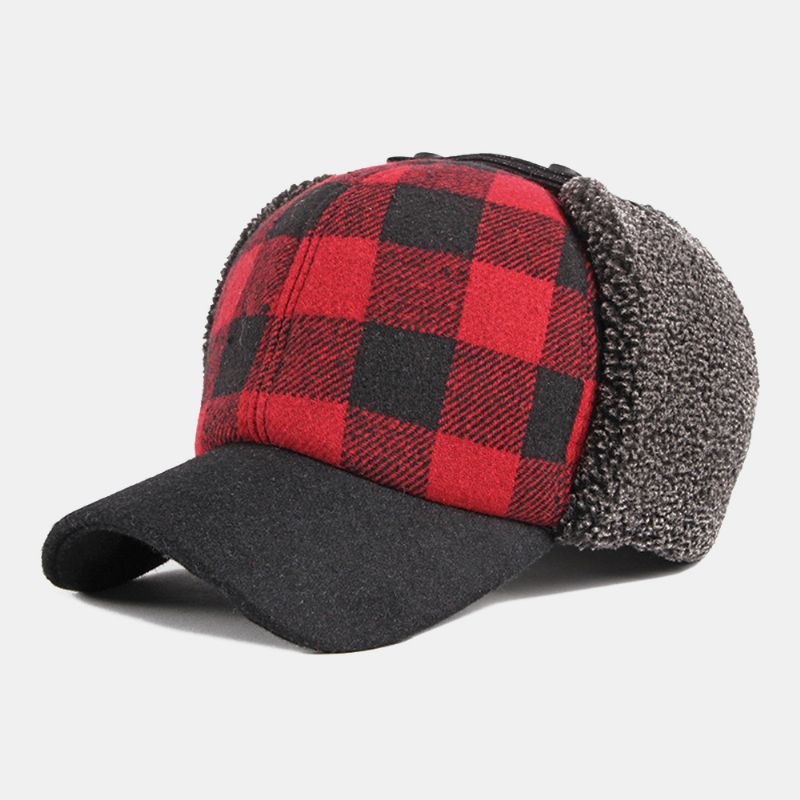 Unisex Katoen Plus Fluwelen Dikke Plaid Baseball Cap Herfst Winter Gehoorbescherming Oorbeschermers Winddicht Warme Muts