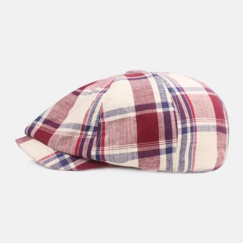 Unisex Katoenen Baret Pet Geruit Patroon Casual Retro Zonnescherm Krantenverkoper Hoed Vooruit Pet Achthoekige Hoed