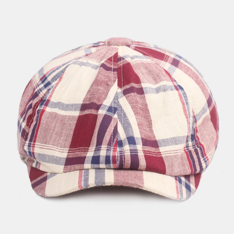 Unisex Katoenen Baret Pet Geruit Patroon Casual Retro Zonnescherm Krantenverkoper Hoed Vooruit Pet Achthoekige Hoed