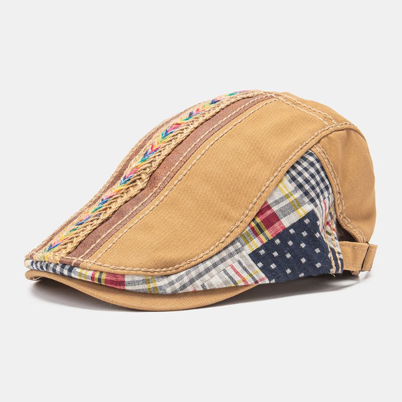 Unisex Katoenen Patchwork Regenboogkleurig Geweven Stro Touw Decoratie Casual Match Baret Platte Pet Klimop Cap