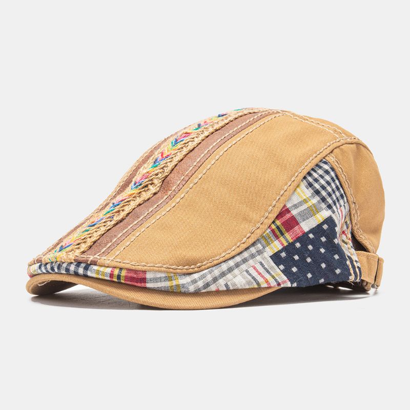 Unisex Katoenen Patchwork Regenboogkleurig Geweven Stro Touw Decoratie Casual Match Baret Platte Pet Klimop Cap