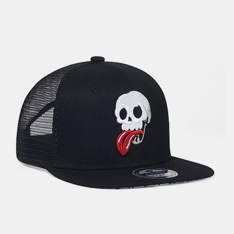 Unisex Mesh Patchwork Cartoon Schedel Borduurwerk Grote Platte Rand Ademende Hip Hop Baseball Cap