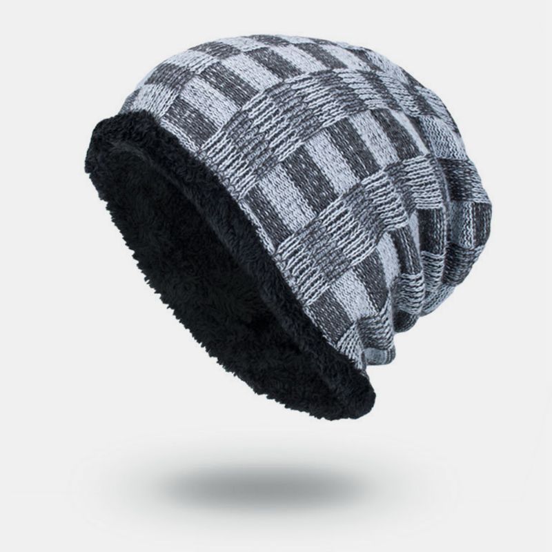 Unisex Pluche Outdoor Winter Plus Fluwelen Dikker Warme Contrasterende Kleur Kleine Vierkante Gebreide Muts Beanie Muts