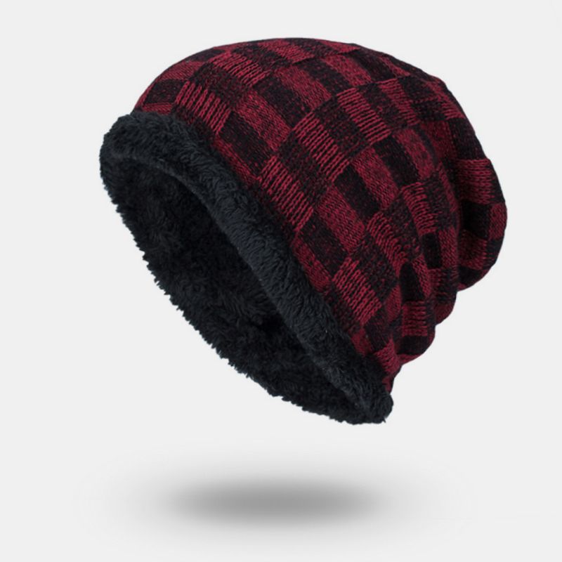 Unisex Pluche Outdoor Winter Plus Fluwelen Dikker Warme Contrasterende Kleur Kleine Vierkante Gebreide Muts Beanie Muts