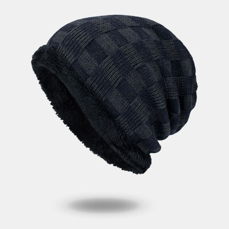 Unisex Pluche Outdoor Winter Plus Fluwelen Dikker Warme Contrasterende Kleur Kleine Vierkante Gebreide Muts Beanie Muts