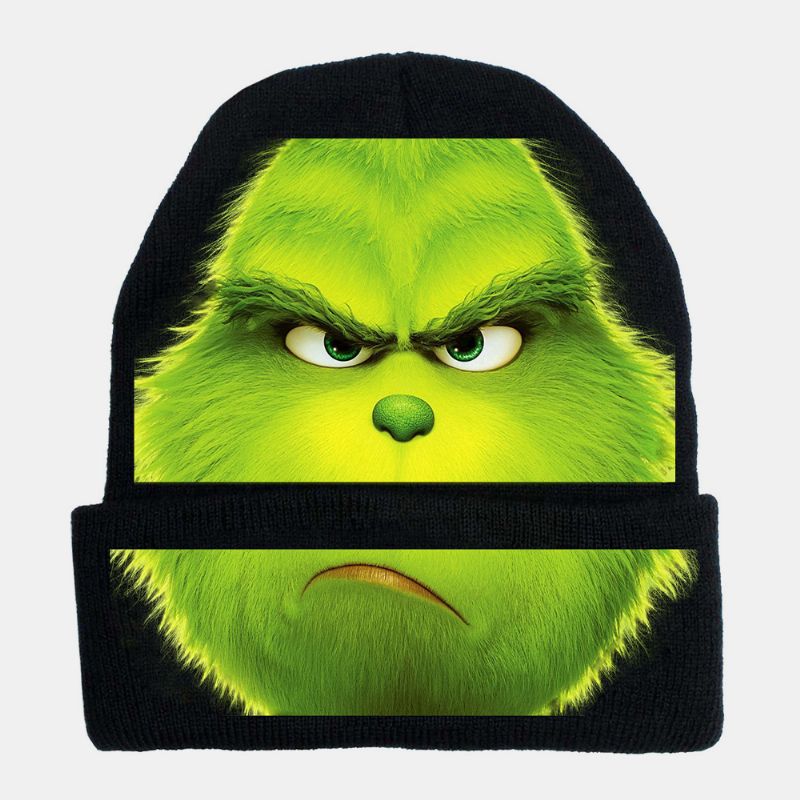 Unisex Wol Warm Winddicht Zonneklep Kerst Groen Haar Monster Afdrukken Gebreide Muts Beanie