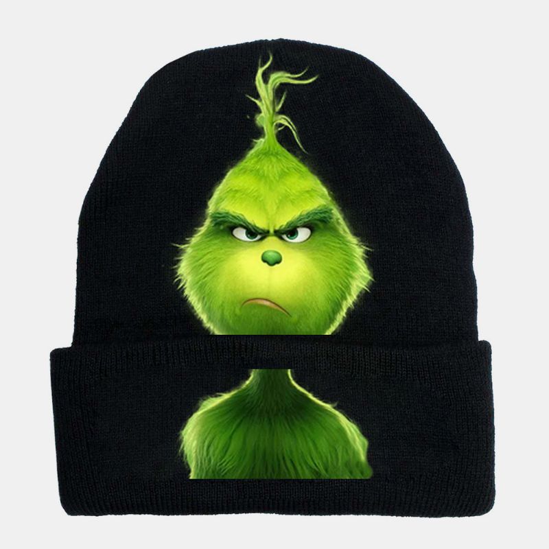 Unisex Wol Warm Winddicht Zonneklep Kerst Groen Haar Monster Afdrukken Gebreide Muts Beanie