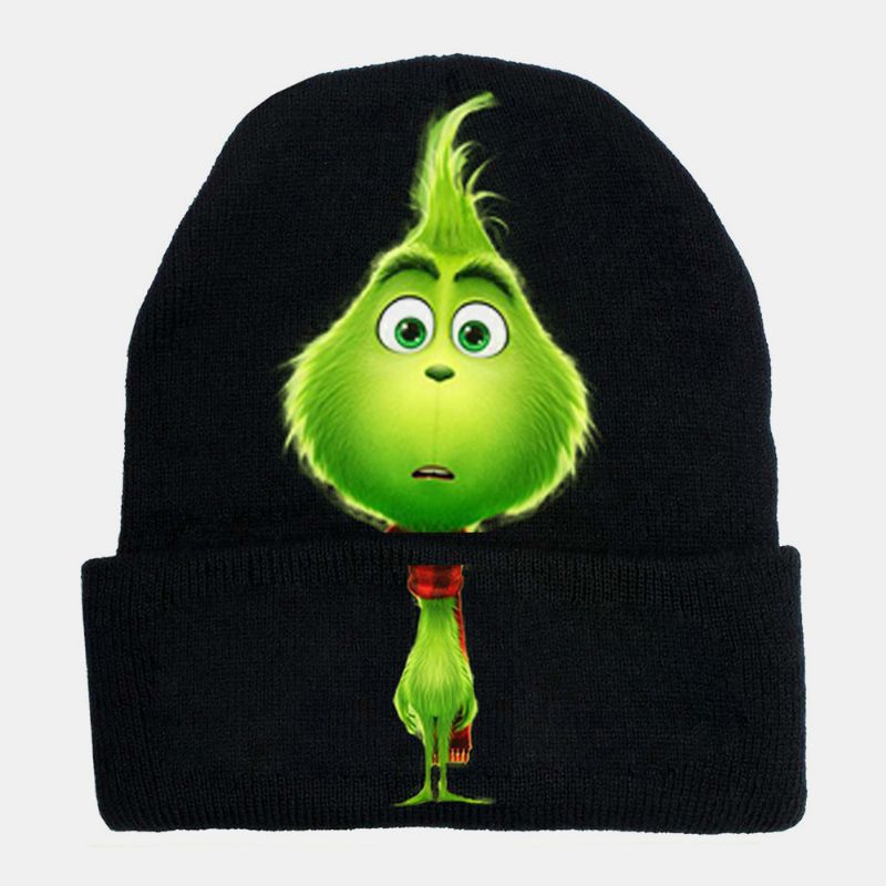 Unisex Wol Warm Winddicht Zonneklep Kerst Groen Haar Monster Afdrukken Gebreide Muts Beanie