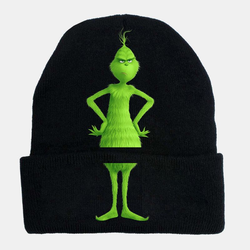 Unisex Wol Warm Winddicht Zonneklep Kerst Groen Haar Monster Afdrukken Gebreide Muts Beanie