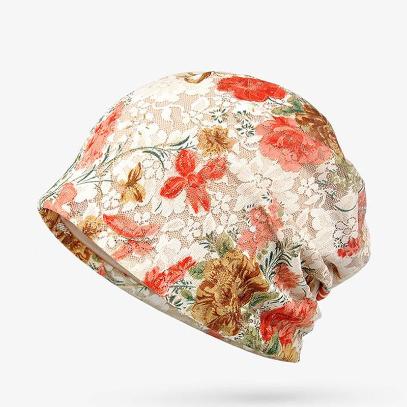 Vrouwen Bloemen Katoen Kant Beanie Hoed Etnische Vintage Goede Elastische Ademende Tulband Caps