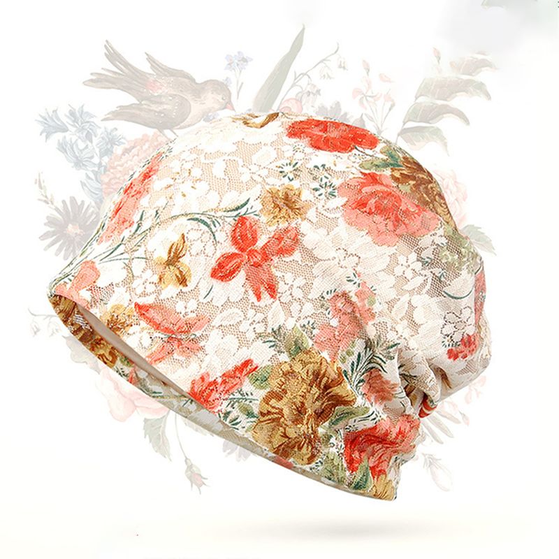 Vrouwen Bloemen Katoen Kant Beanie Hoed Etnische Vintage Goede Elastische Ademende Tulband Caps