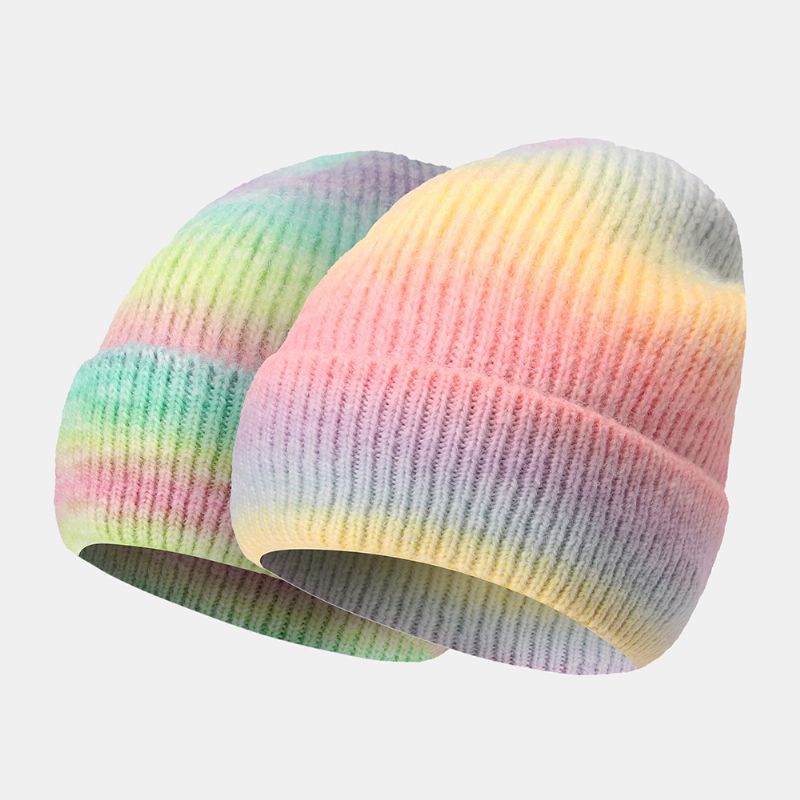 Vrouwen Gradiënt Herfst Winter Warme Gebreide Muts Persoonlijkheid Wild Flanging Oorbescherming Beanie Hat