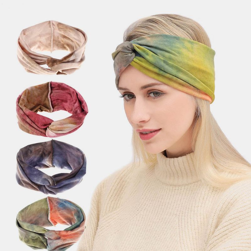 Vrouwen Tie-dyed Cross Headdress Elastische Outdoor Sport Brede Rand Haarband Hoofdband