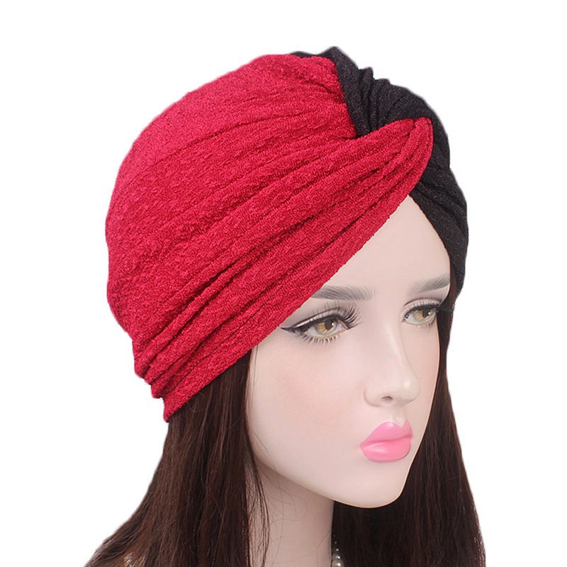 Vrouwen Vintage Moslim Polyester Gekruiste Chemische Tulband Hoed Casual Streep Beanie Cap