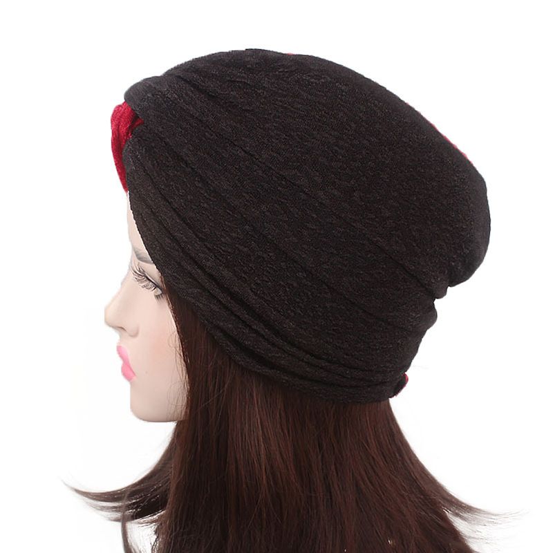 Vrouwen Vintage Moslim Polyester Gekruiste Chemische Tulband Hoed Casual Streep Beanie Cap