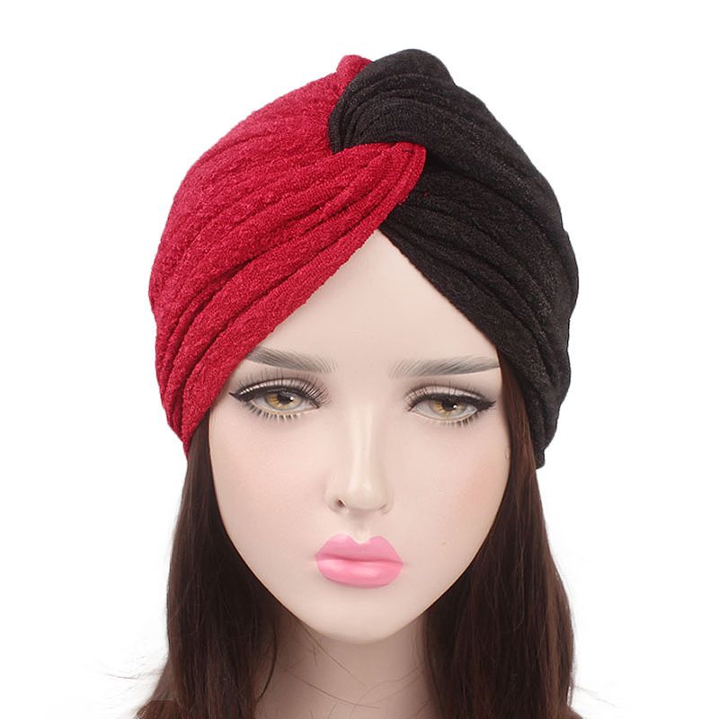 Vrouwen Vintage Moslim Polyester Gekruiste Chemische Tulband Hoed Casual Streep Beanie Cap