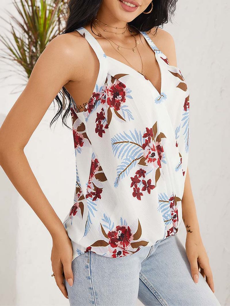 Bloemenprint Halter V-hals Patchwork Vakantie Mouwloze Tank Top