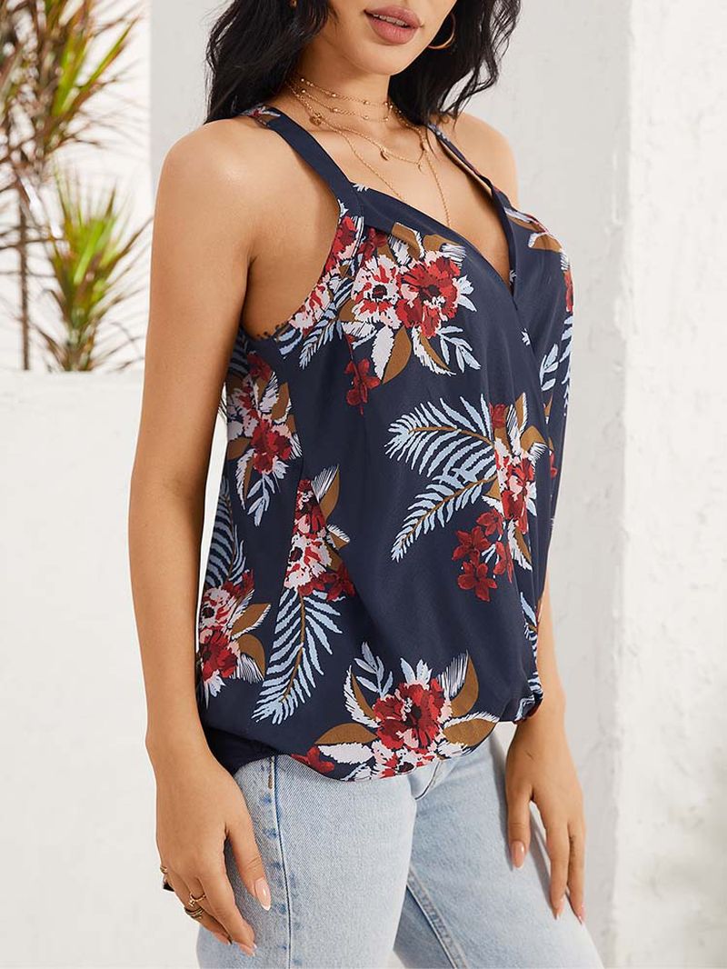 Bloemenprint Halter V-hals Patchwork Vakantie Mouwloze Tank Top