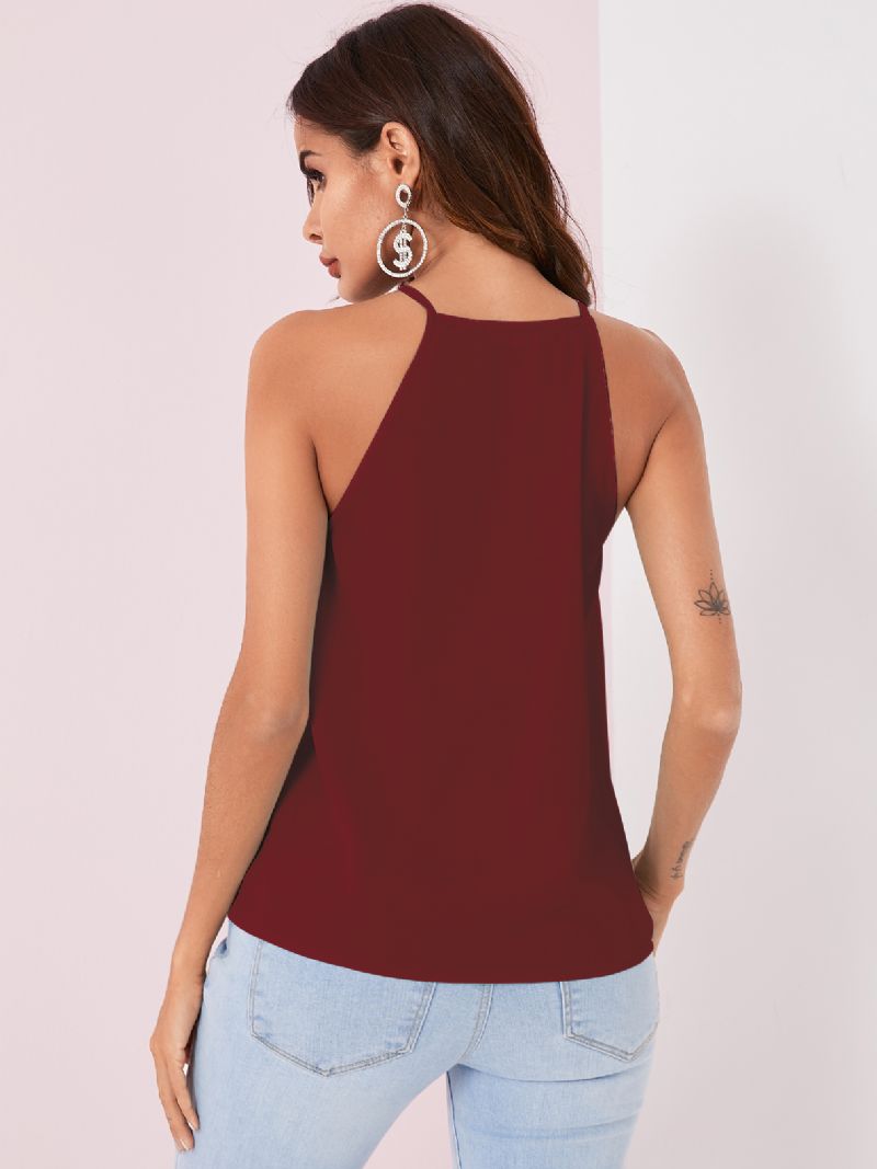 Effen Kleur Halter Ontwerp Geplooide Mouwloze Chiffon Tanktops