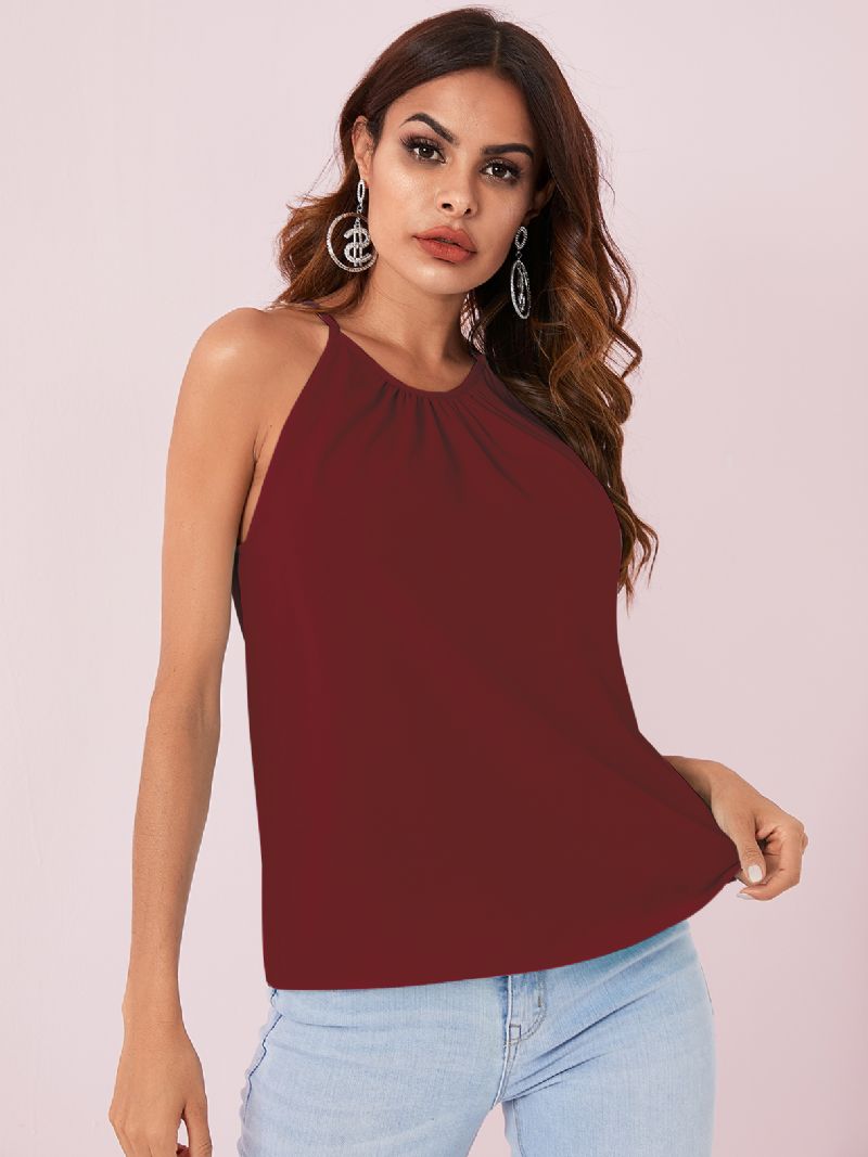 Effen Kleur Halter Ontwerp Geplooide Mouwloze Chiffon Tanktops