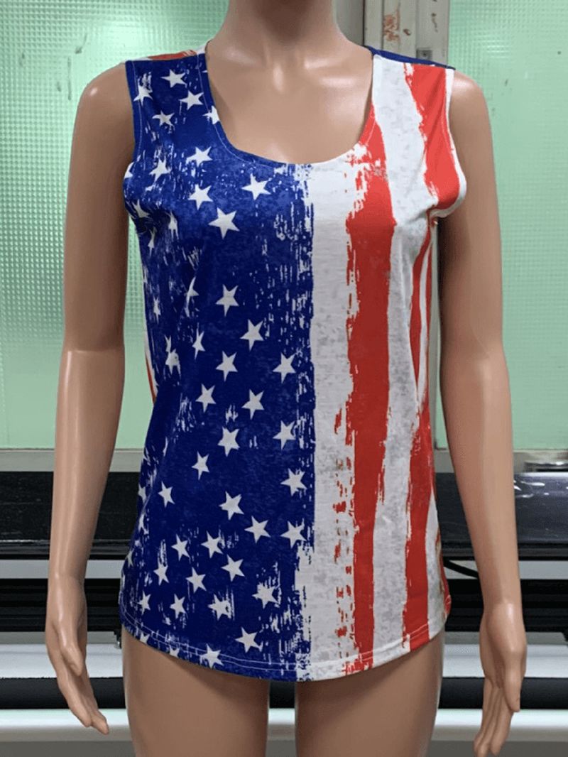 Mouwloze Casual Tanktops Met Amerikaanse Vlag En O-hals