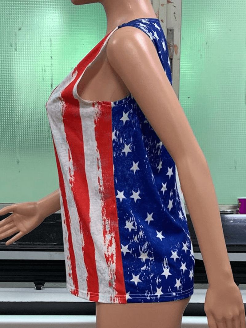 Mouwloze Casual Tanktops Met Amerikaanse Vlag En O-hals