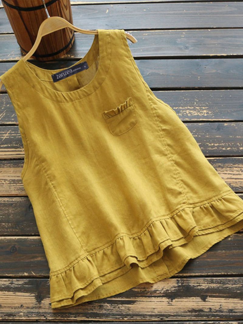 Vintage Katoenen Gelaagde Ruches Effen Kleur Mouwloze Tanktop Voor Dames