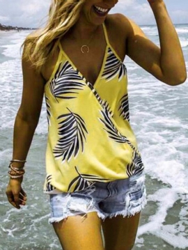 Zomerse Hawaii Tanktops Met Tropische Plantenprint En V-hals Zonder Mouwen