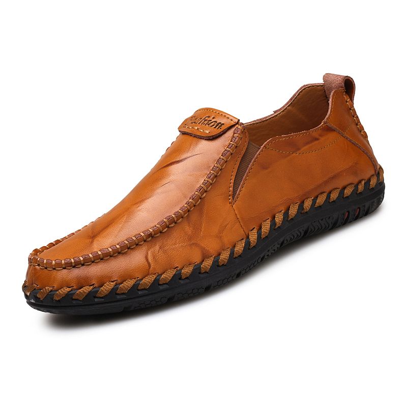 Heren Hand Stiksels Sfot Leer Antislip Zool Slip-on Casual Rijschoenen