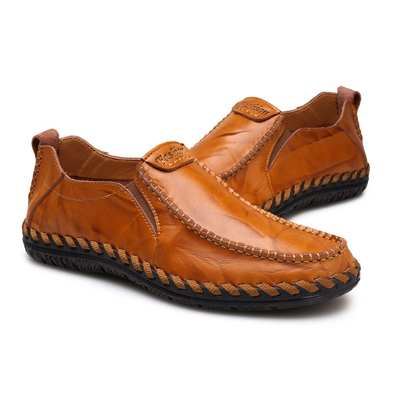 Heren Hand Stiksels Sfot Leer Antislip Zool Slip-on Casual Rijschoenen