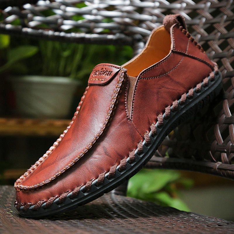 Heren Hand Stiksels Sfot Leer Antislip Zool Slip-on Casual Rijschoenen