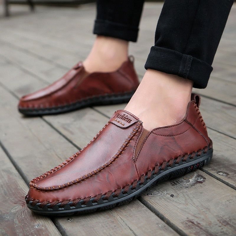 Heren Hand Stiksels Sfot Leer Antislip Zool Slip-on Casual Rijschoenen