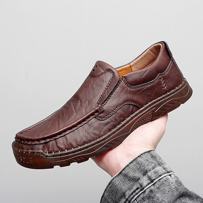 Heren Koeienhuid Ademende Handstiksels Zachte Zool Slip Op Solide Casual Loafer Schoenen