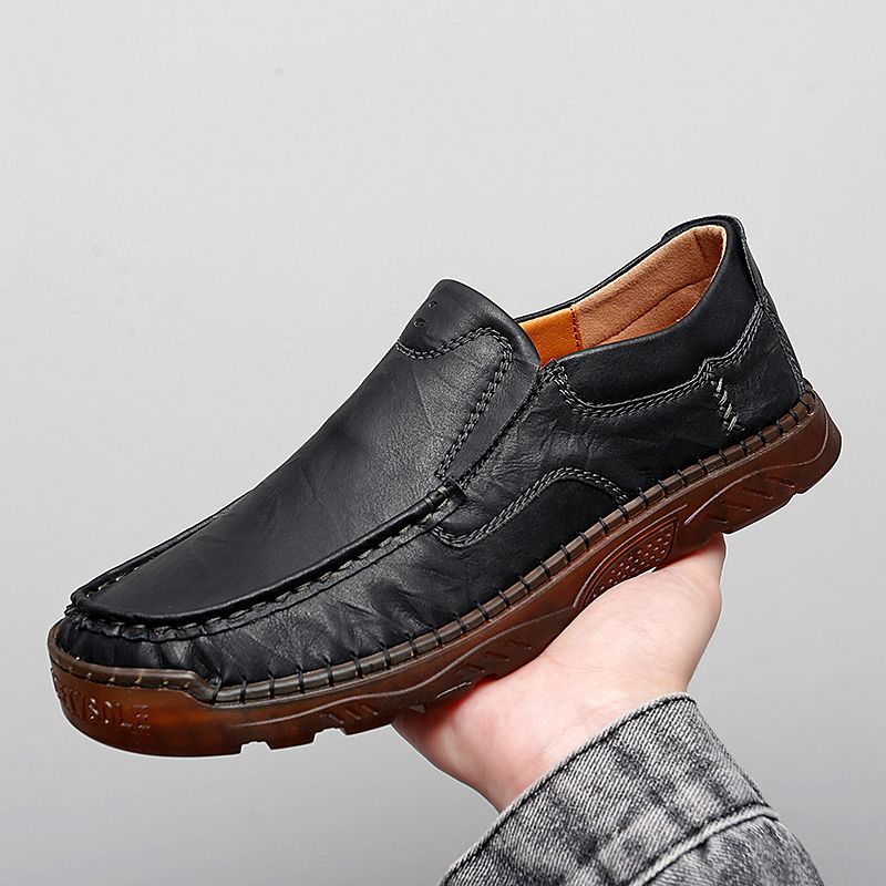 Heren Koeienhuid Ademende Handstiksels Zachte Zool Slip Op Solide Casual Loafer Schoenen