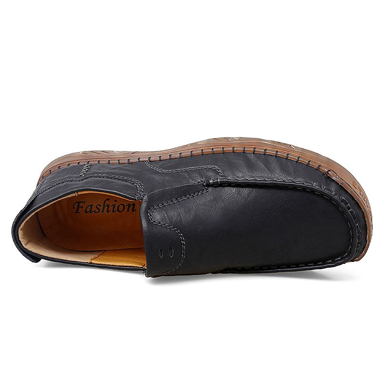 Heren Koeienhuid Ademende Handstiksels Zachte Zool Slip Op Solide Casual Loafer Schoenen