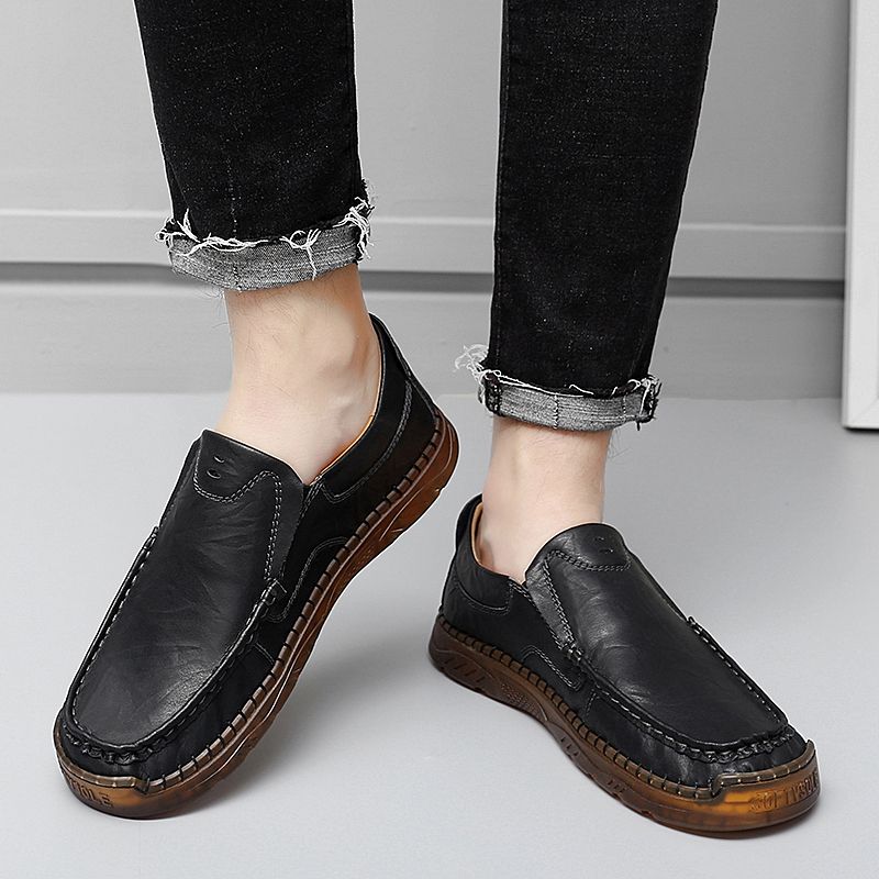 Heren Koeienhuid Ademende Handstiksels Zachte Zool Slip Op Solide Casual Loafer Schoenen