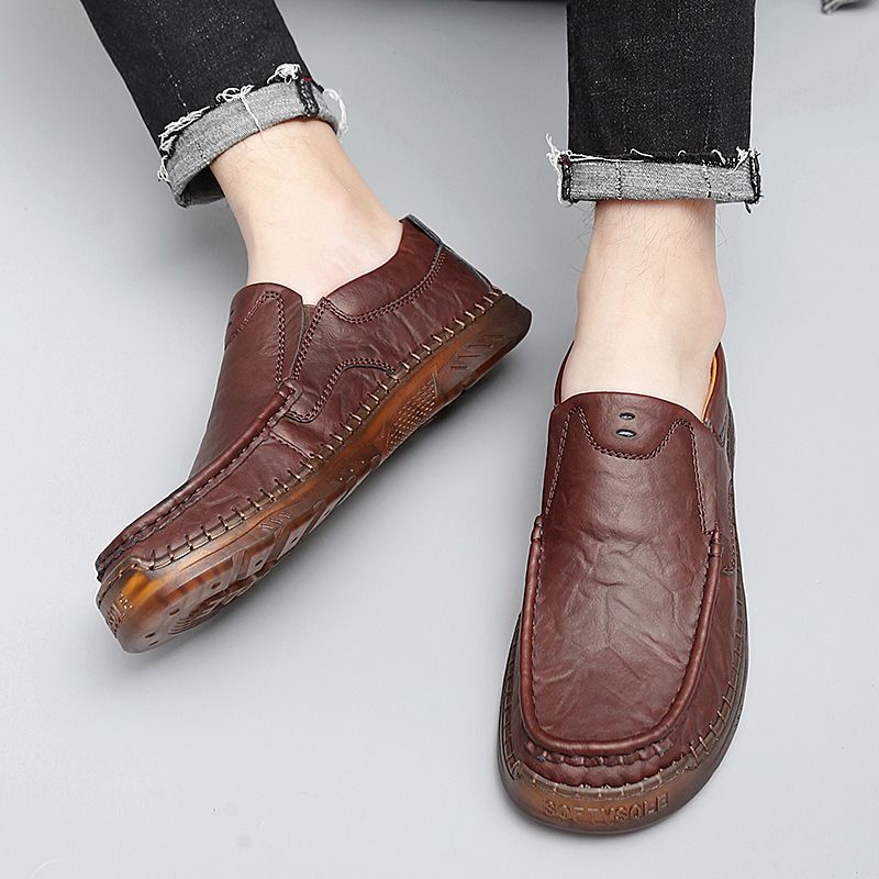 Heren Koeienhuid Ademende Handstiksels Zachte Zool Slip Op Solide Casual Loafer Schoenen