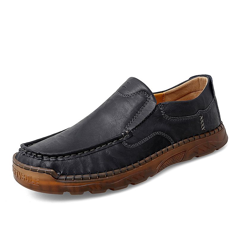 Heren Koeienhuid Ademende Handstiksels Zachte Zool Slip Op Solide Casual Loafer Schoenen