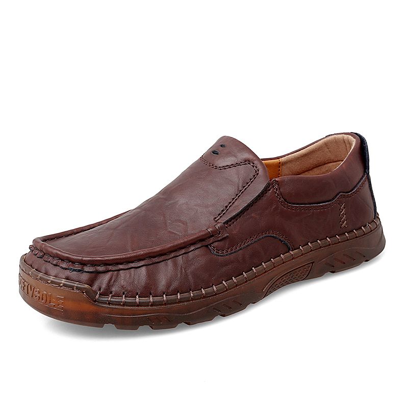 Heren Koeienhuid Ademende Handstiksels Zachte Zool Slip Op Solide Casual Loafer Schoenen