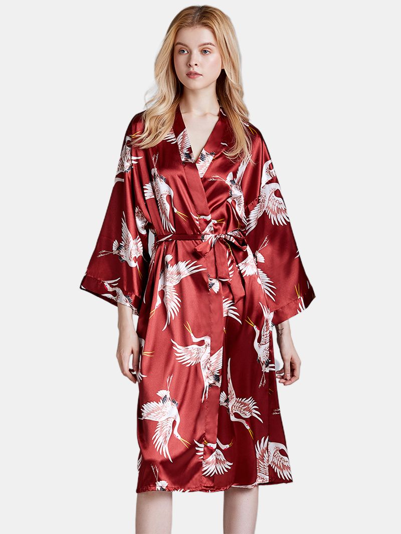 Plus Size Kraan Bedrukt Half Mouw Lange Kimono Badjas Nachtkleding