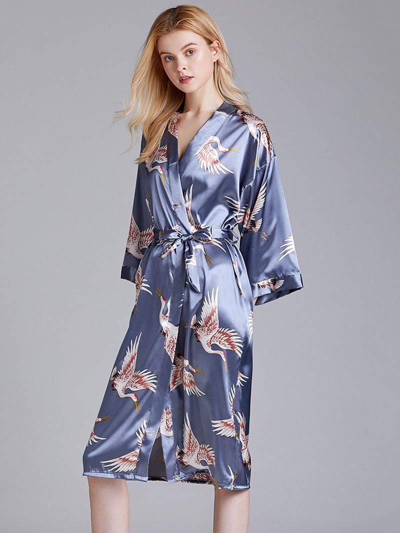 Plus Size Kraan Bedrukt Half Mouw Lange Kimono Badjas Nachtkleding