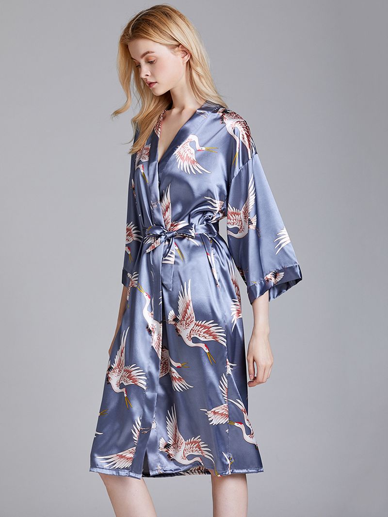 Plus Size Kraan Bedrukt Half Mouw Lange Kimono Badjas Nachtkleding