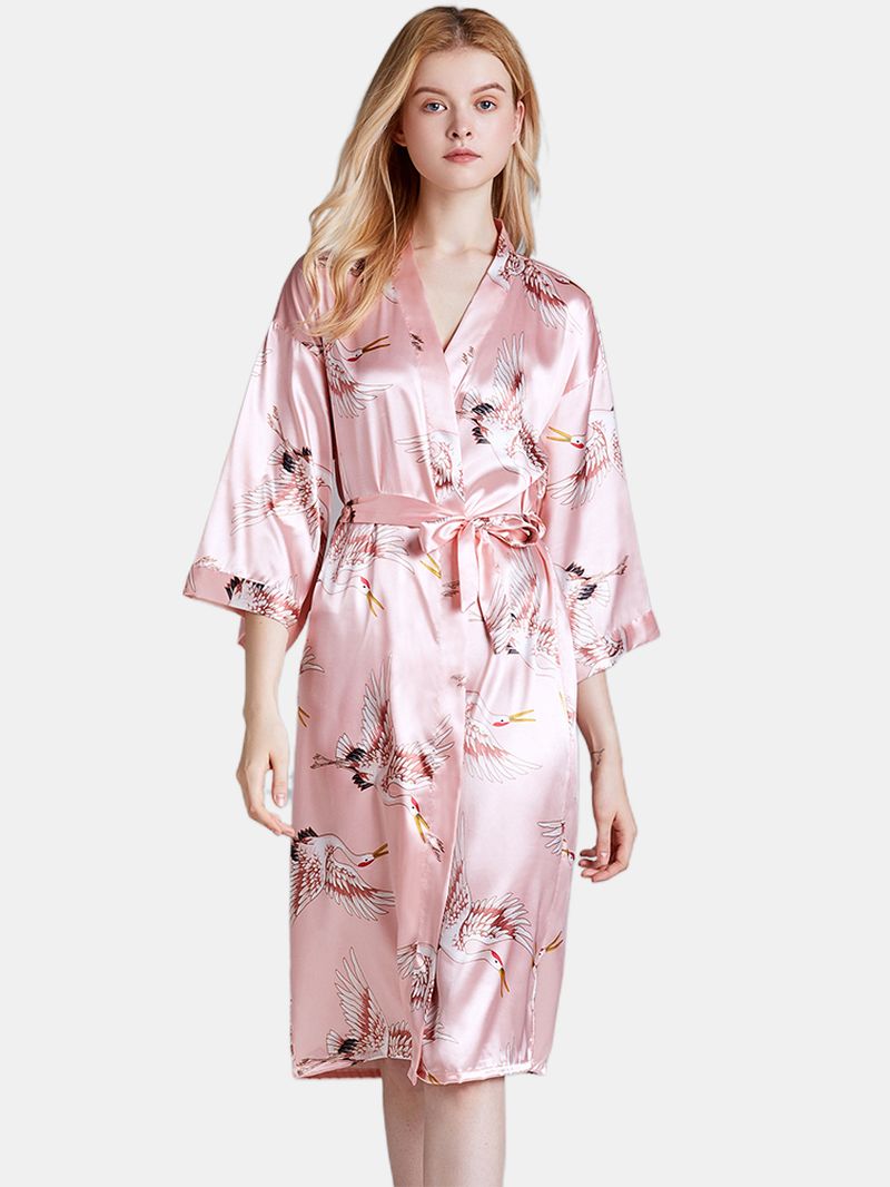 Plus Size Kraan Bedrukt Half Mouw Lange Kimono Badjas Nachtkleding