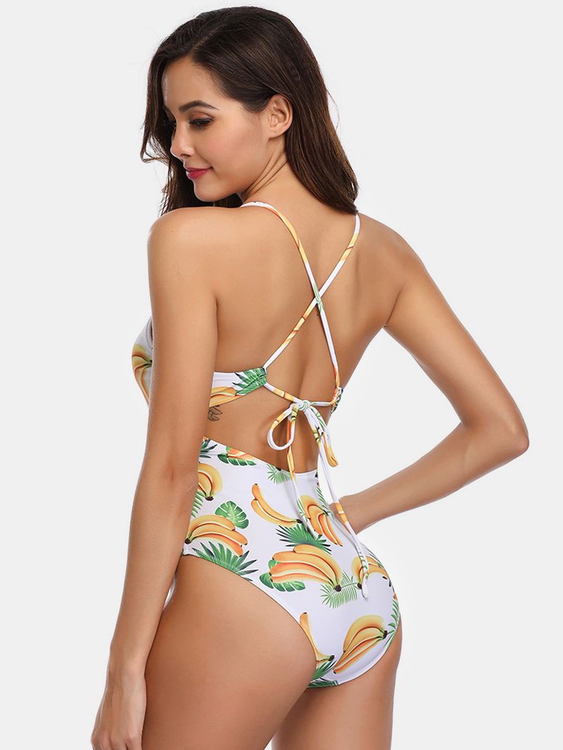 Dames Bananenprint Criss-cross Spaghettibandjes Eendelig Strandbadkleding